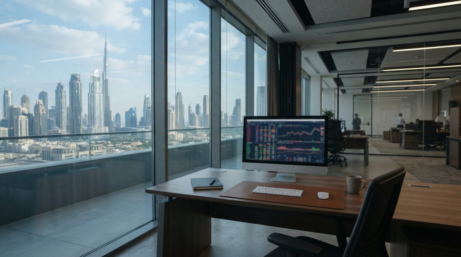 Illustration: A realistic editorial photograph of a modern financial office in Dubai with glass windows overlooking the city skyline, showing a desk w