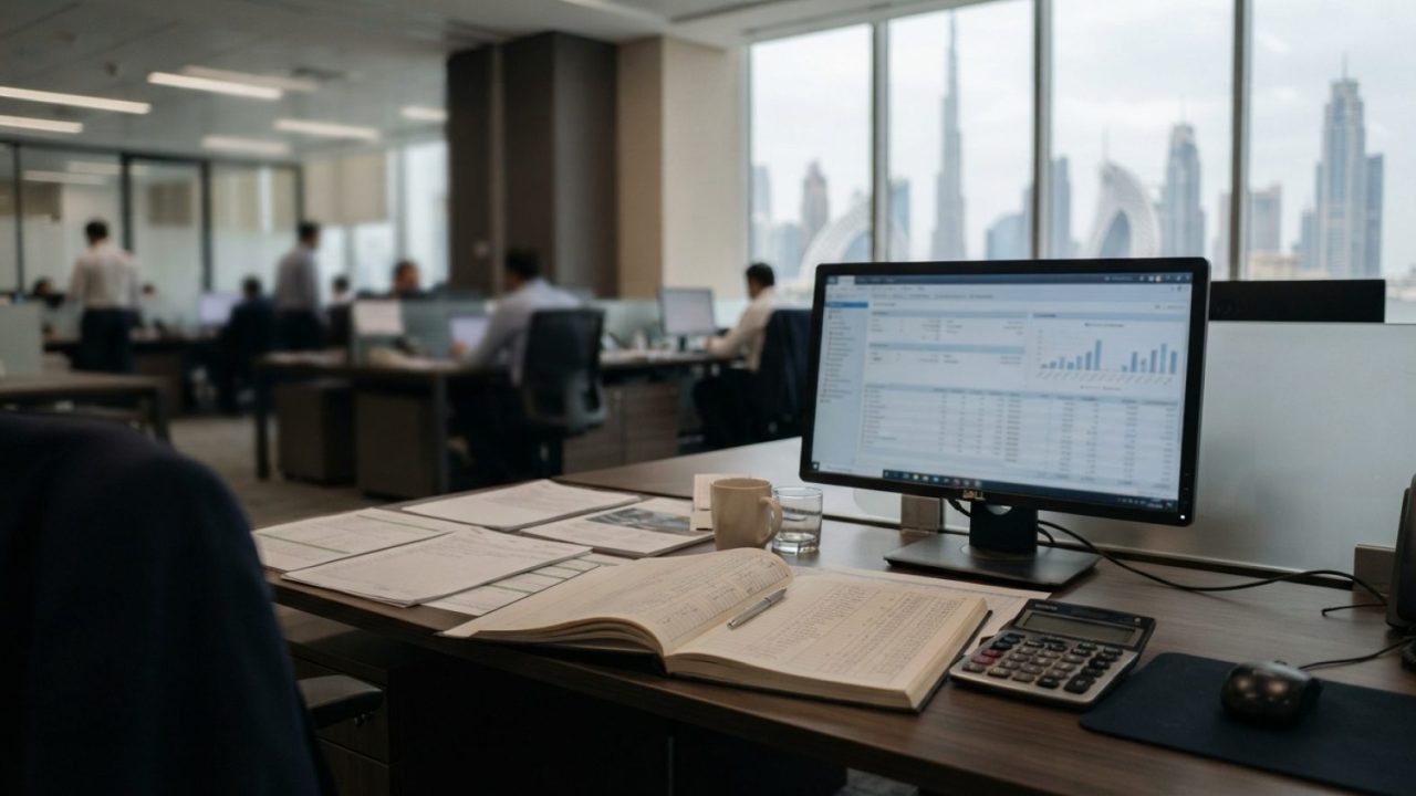 Illustration: A modern corporate accounting office desk in Dubai with digital financial software open on a computer screen, accounting documents, and