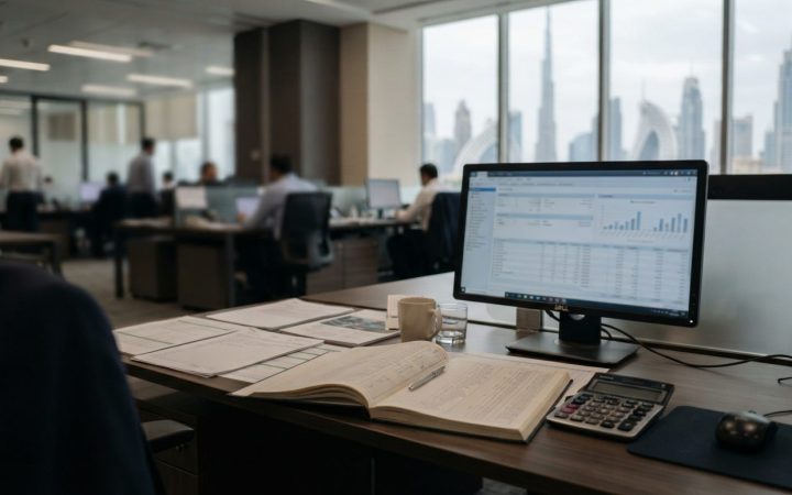 Illustration: A modern corporate accounting office desk in Dubai with digital financial software open on a computer screen, accounting documents, and