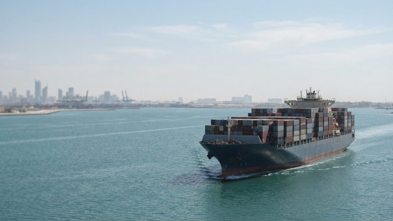 Illustration: A large commercial container ship navigating through calm waters of a strategic sea lane under clear daylight skies, realistic editorial