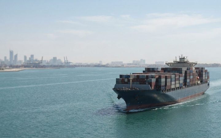 Illustration: A large commercial container ship navigating through calm waters of a strategic sea lane under clear daylight skies, realistic editorial