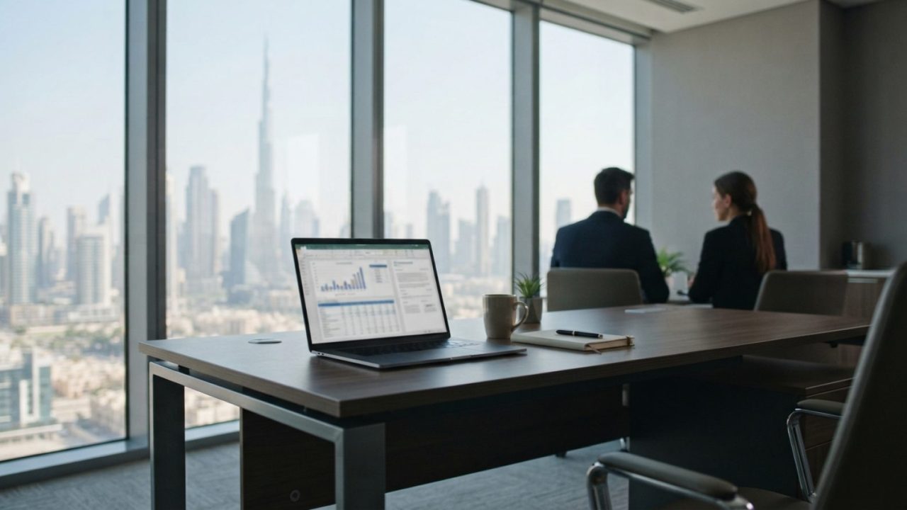 Illustration: A modern corporate office desk in Dubai with a laptop displaying business accounting software, financial charts, and digital invoice doc