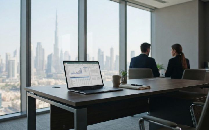 Illustration: A modern corporate office desk in Dubai with a laptop displaying business accounting software, financial charts, and digital invoice doc