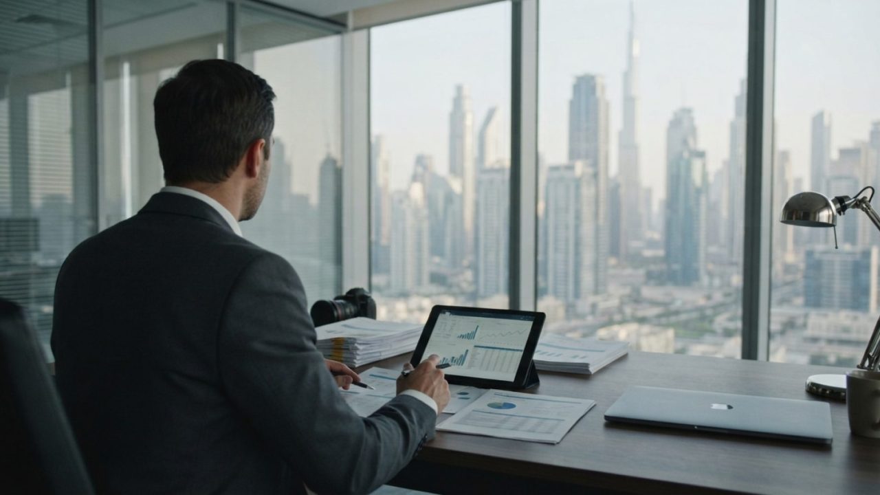 Illustration: A modern corporate office desk in Dubai with financial reports, a digital tablet displaying spreadsheet charts, and an office window vie