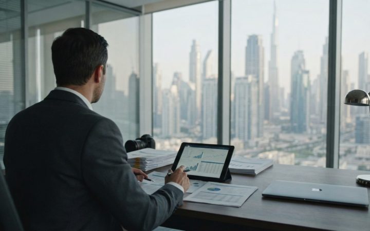 Illustration: A modern corporate office desk in Dubai with financial reports, a digital tablet displaying spreadsheet charts, and an office window vie