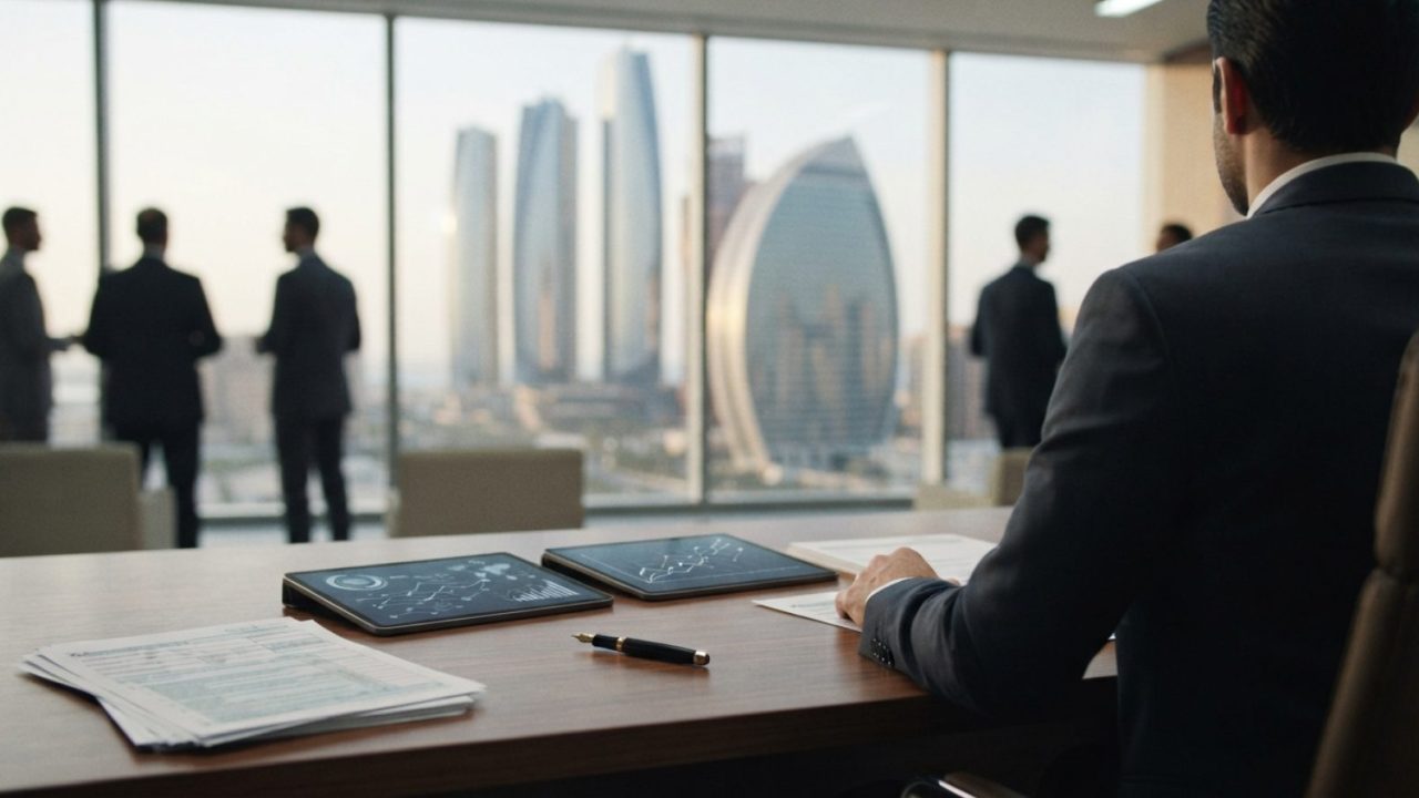 Illustration: A modern corporate office interior in the UAE with digital tablet screens displaying data flow schematics and tax paperwork on a clean m