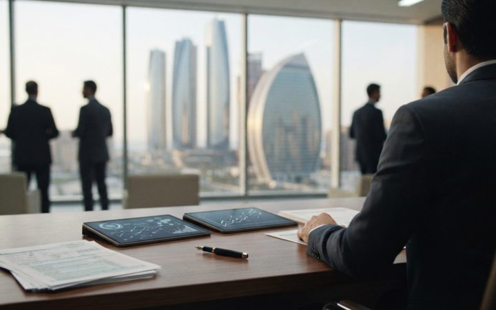 Illustration: A modern corporate office interior in the UAE with digital tablet screens displaying data flow schematics and tax paperwork on a clean m