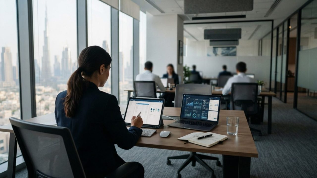 Illustration: A modern corporate accounting office in Dubai with digital tablet screens displaying financial invoice data and digital documents on a d