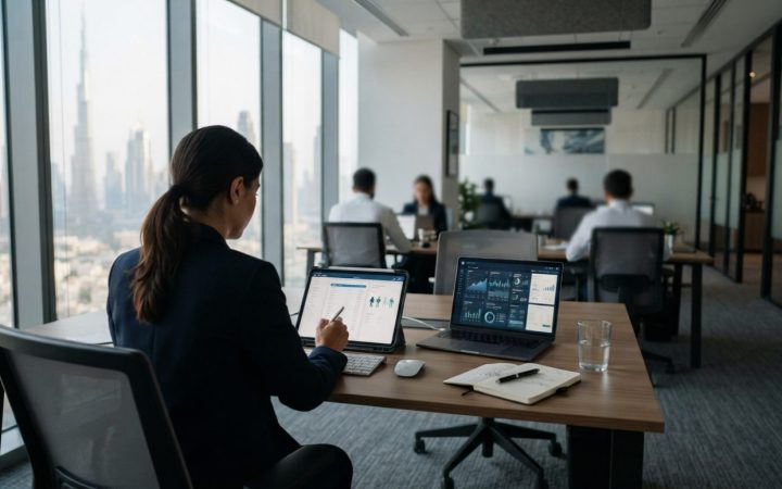 Illustration: A modern corporate accounting office in Dubai with digital tablet screens displaying financial invoice data and digital documents on a d