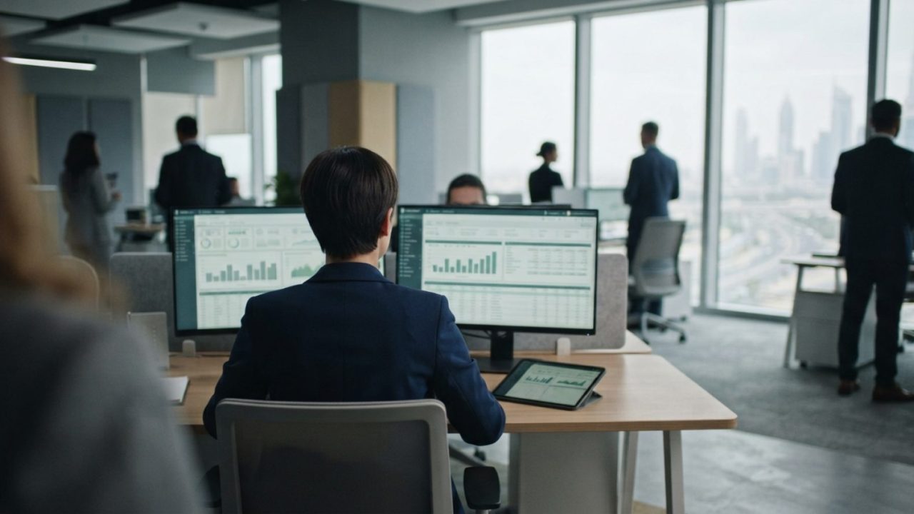 Illustration: A modern corporate accounting office in Dubai with digital financial software open on desktop monitors and electronic tablet screens, ne