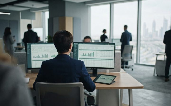 Illustration: A modern corporate accounting office in Dubai with digital financial software open on desktop monitors and electronic tablet screens, ne