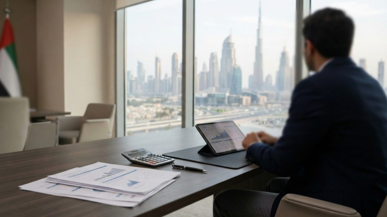 Illustration: A modern corporate office desk in Dubai with financial reports, a digital tablet displaying electronic accounting data, and a calculator