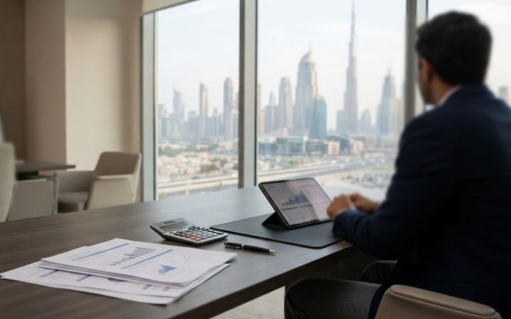 Illustration: A modern corporate office desk in Dubai with financial reports, a digital tablet displaying electronic accounting data, and a calculator