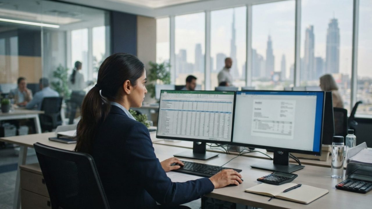 Illustration: A modern corporate office accounting desk in Dubai with financial spreadsheets and digital invoice displays on desktop monitors, profess