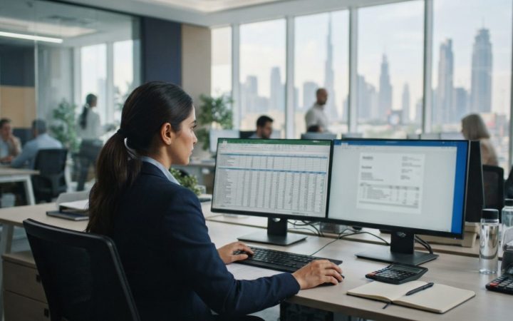 Illustration: A modern corporate office accounting desk in Dubai with financial spreadsheets and digital invoice displays on desktop monitors, profess