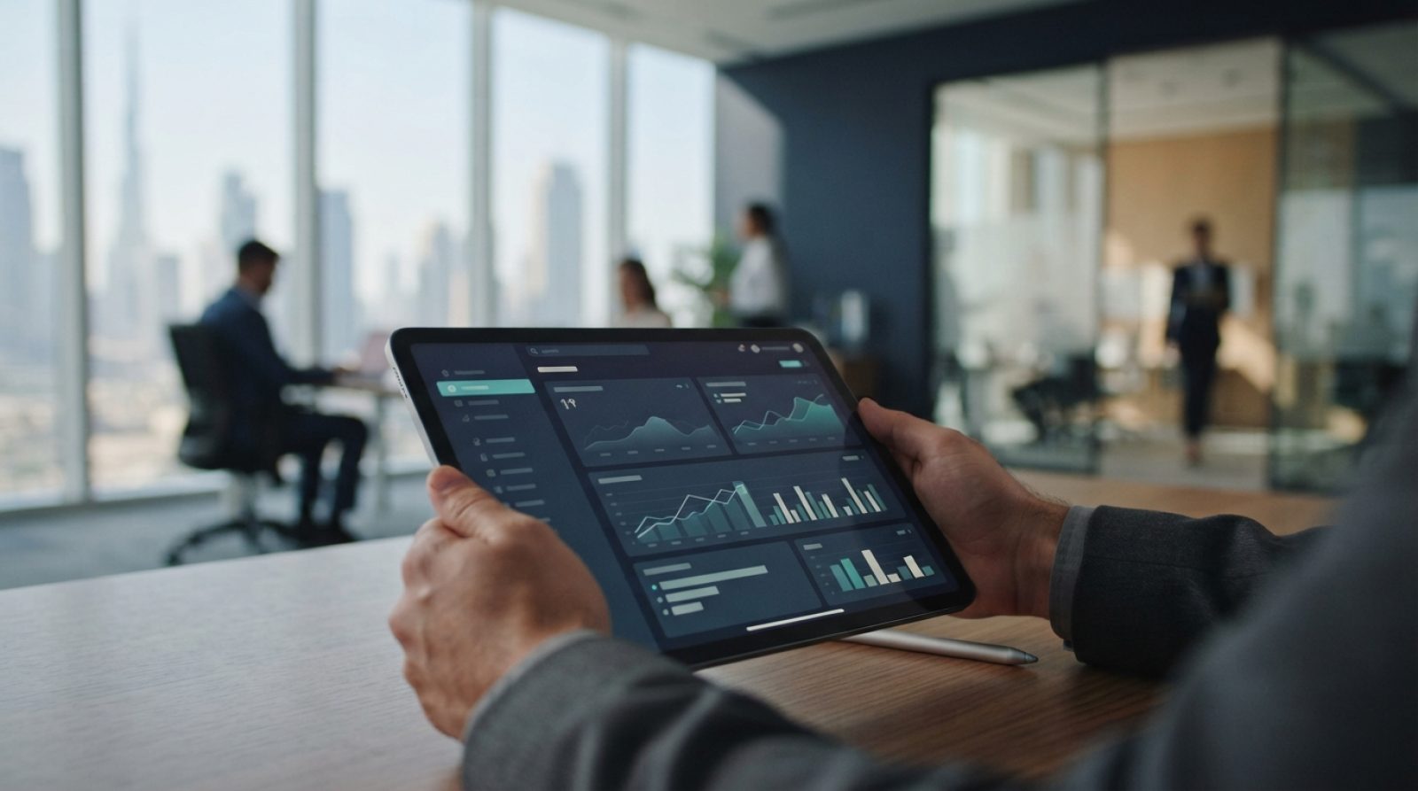 Illustration: A modern financial office setting in Dubai with a close-up of a digital tablet displaying abstract financial data dashboards and electro