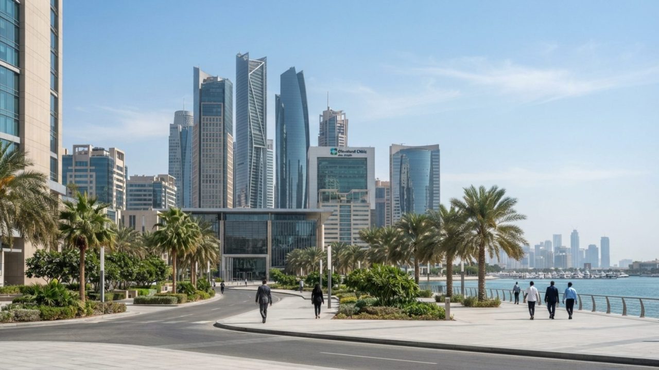 Illustration: Modern financial district in Abu Dhabi with contemporary glass skyscrapers under bright sunlight, palm trees and clean wide streets at g