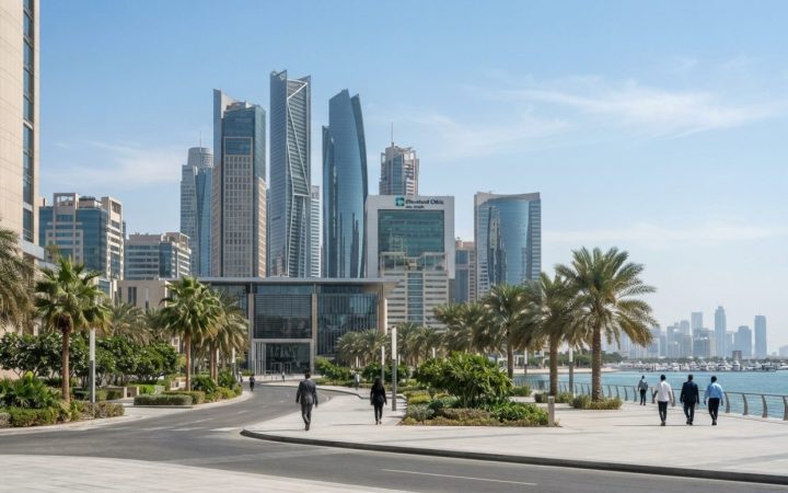 Illustration: Modern financial district in Abu Dhabi with contemporary glass skyscrapers under bright sunlight, palm trees and clean wide streets at g