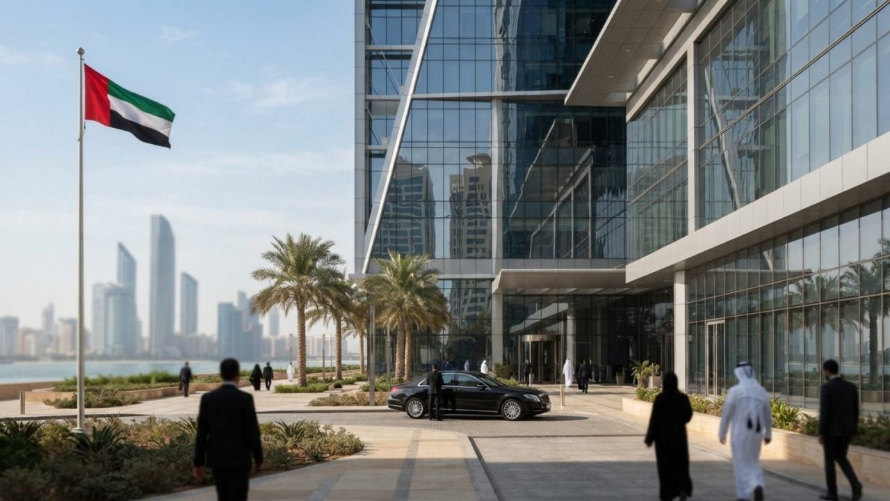Illustration: A modern glass-and-steel government and business office building in Abu Dhabi under bright daylight, with clean architectural lines refl