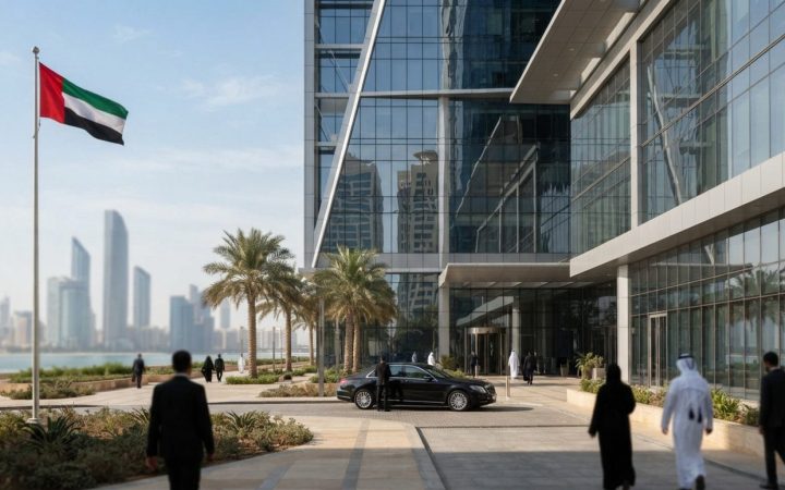 Illustration: A modern glass-and-steel government and business office building in Abu Dhabi under bright daylight, with clean architectural lines refl