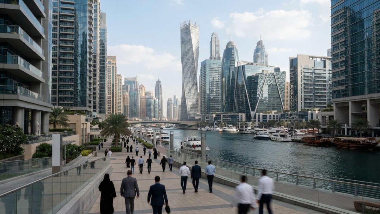 Illustration: Modern office buildings and financial district architecture in Dubai or Abu Dhabi under clear daylight, with clean glass facades and no