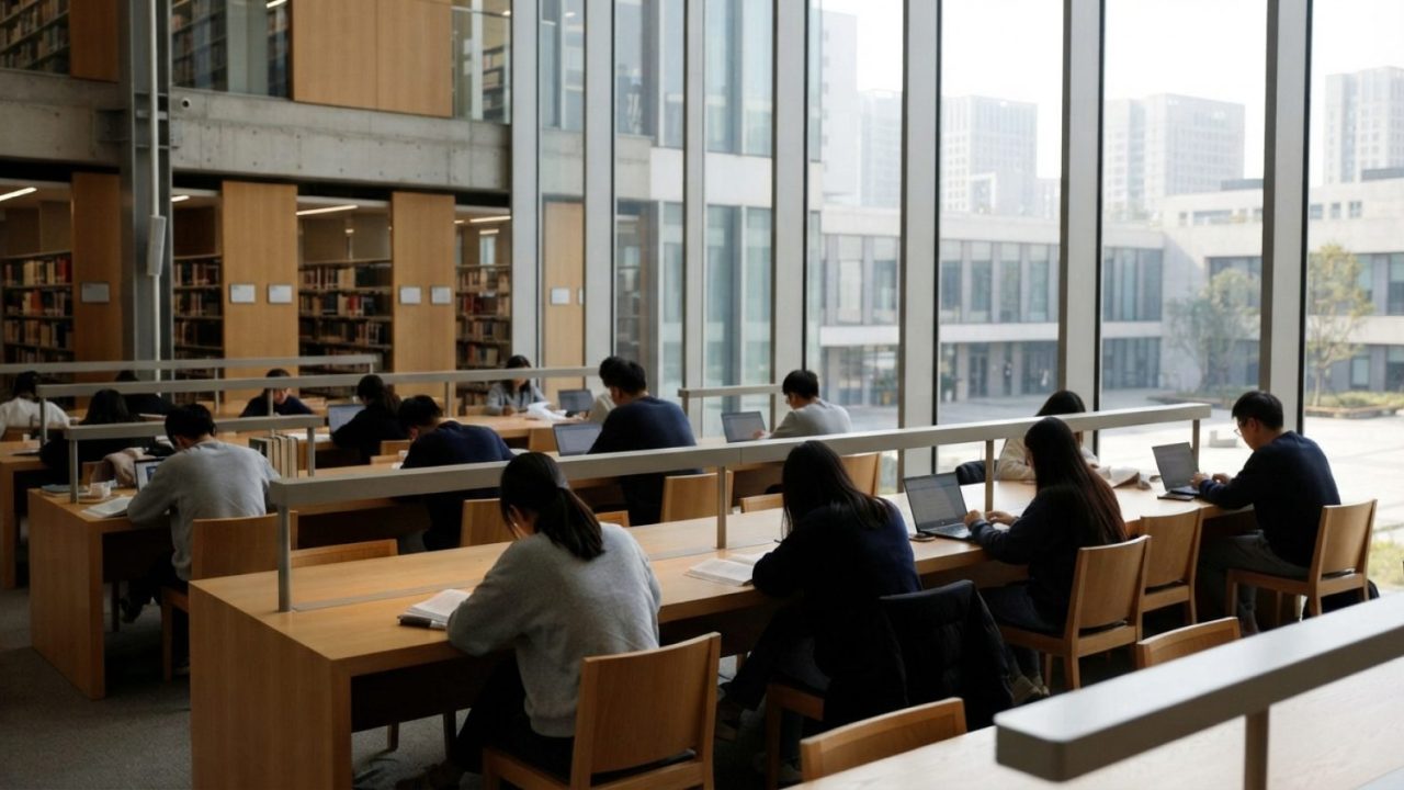 Illustration: A modern university lecture hall and research library with students studying at contemporary wooden desks, large glass windows with natu