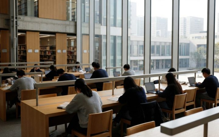 插图:现代大学阶梯教室与研究型图书馆,学生们在现代木质书桌前学习,配有透入自然光的大型玻璃窗