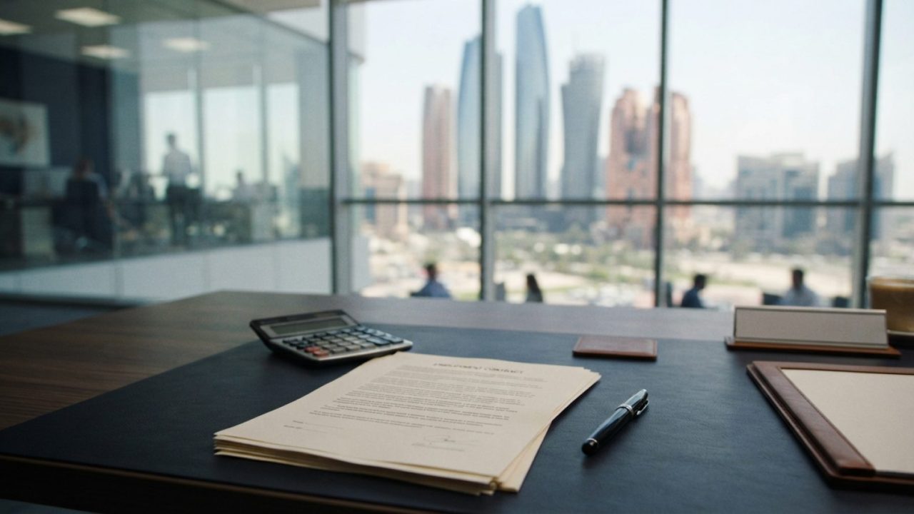 Illustration: A modern corporate office desk in the United Arab Emirates with legal employment contract papers, an electronic calculator, and a closed