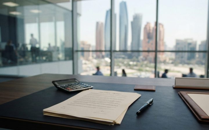 Illustration: A modern corporate office desk in the United Arab Emirates with legal employment contract papers, an electronic calculator, and a closed