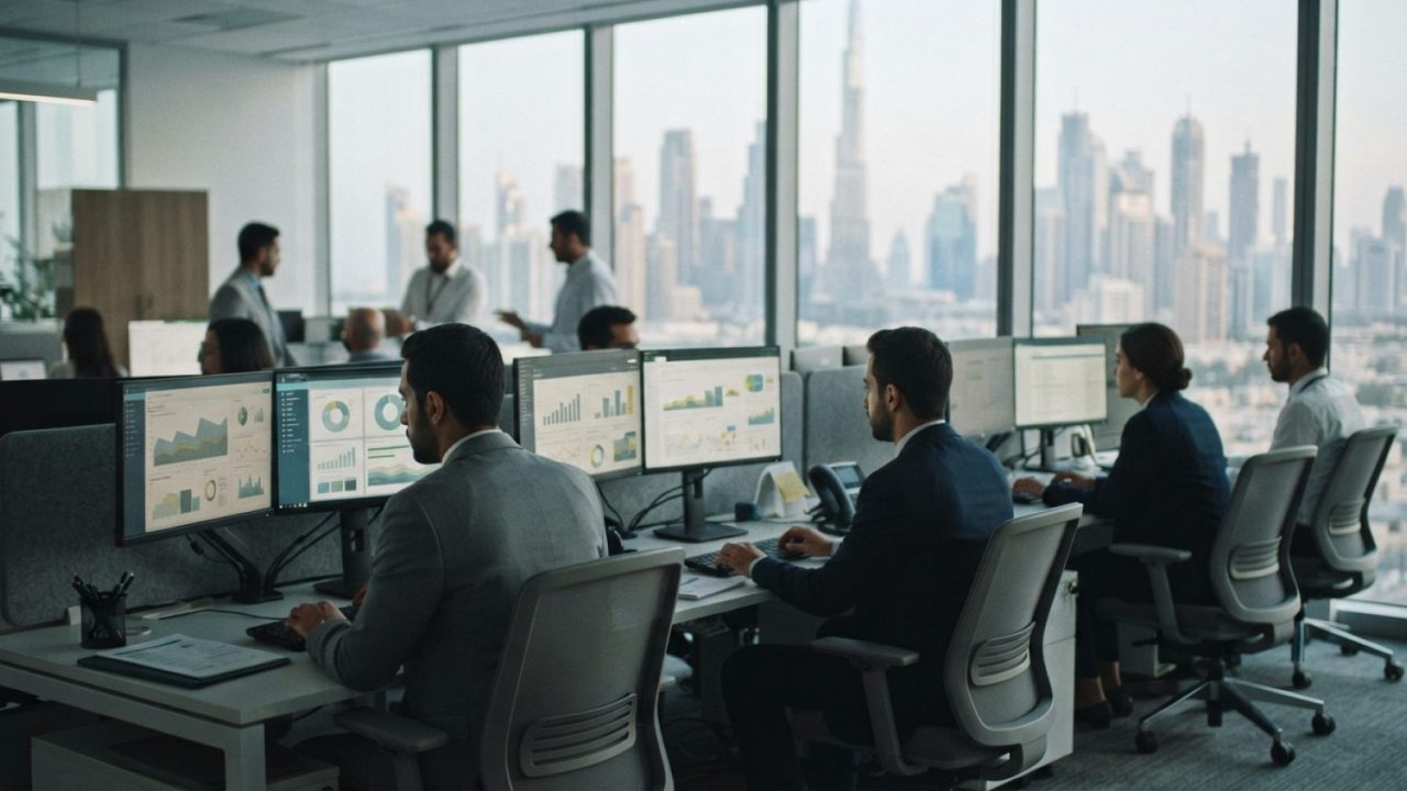 Illustration: A modern corporate office in Dubai featuring workstations with digital monitors displaying government interface dashboards and data anal