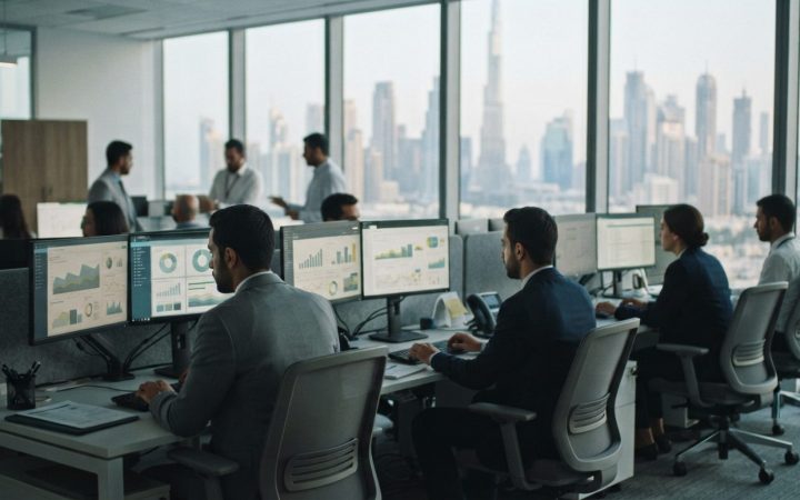 Illustration: A modern corporate office in Dubai featuring workstations with digital monitors displaying government interface dashboards and data anal