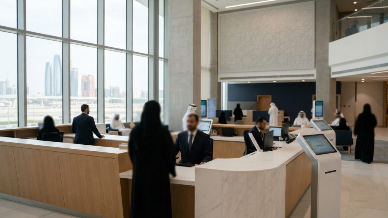 رسم توضيحي: منصة خدمات حكومية حديثة في دولة الإمارات العربية المتحدة بخطوط معمارية أنيقة، وأكشاك خدمة رقمية، وإضاءة طبيعية محيطة