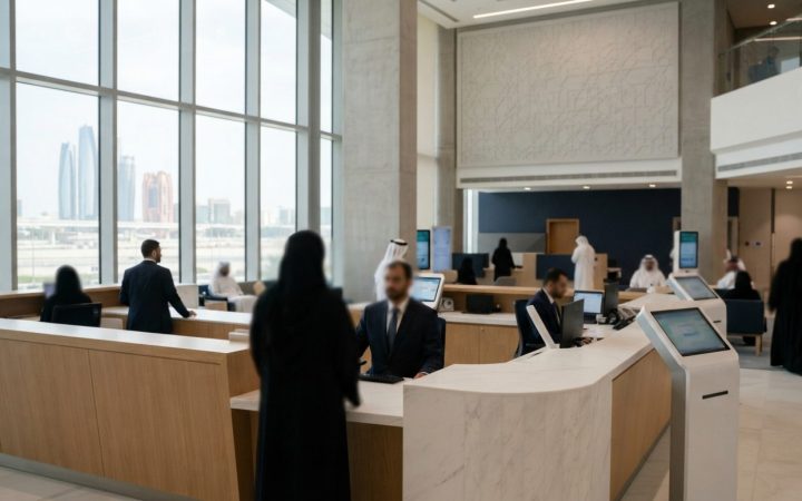 رسم توضيحي: منصة خدمات حكومية حديثة في دولة الإمارات العربية المتحدة بخطوط معمارية أنيقة، وأكشاك خدمة رقمية، وإضاءة طبيعية محيطة