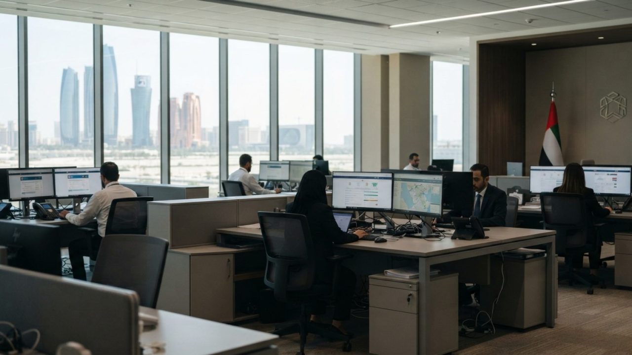 Illustration: Modern government office interior in the United Arab Emirates with official administrative desks, digital computer monitors displaying o