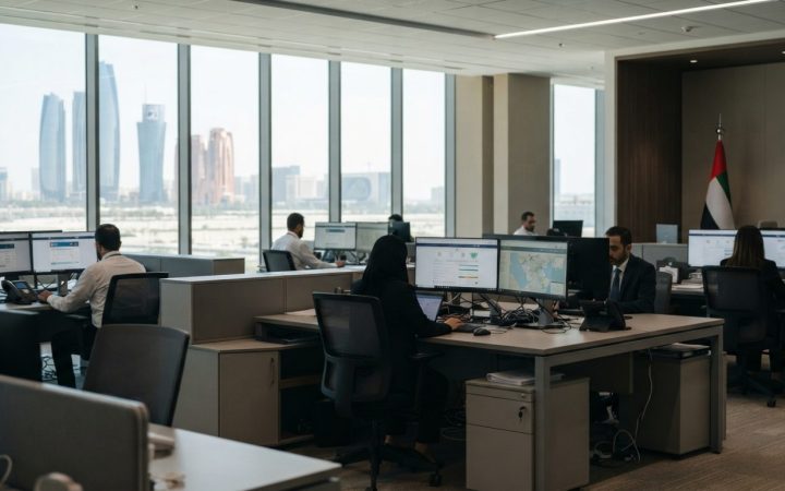 Illustration: Modern government office interior in the United Arab Emirates with official administrative desks, digital computer monitors displaying o