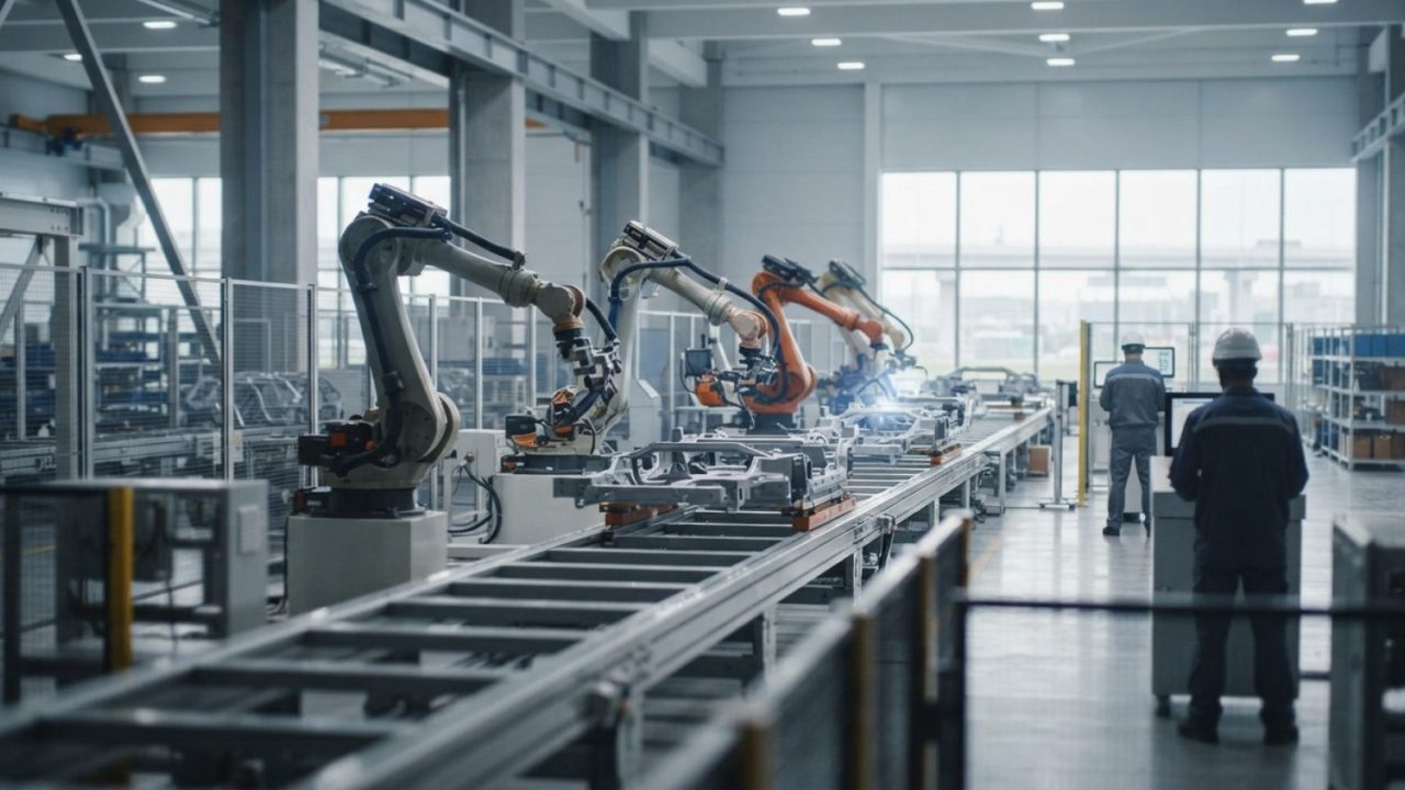 Illustration: A modern automated manufacturing facility with robotic arms operating along an assembly line under clean industrial lighting.