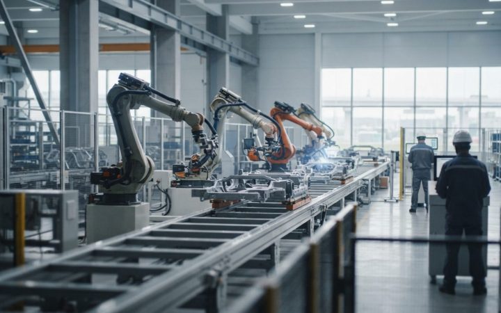 Illustration: A modern automated manufacturing facility with robotic arms operating along an assembly line under clean industrial lighting.