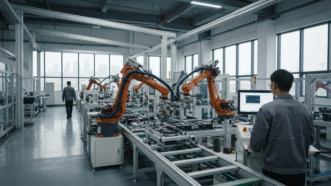 Illustration: An industrial automation assembly line with robotic arms operating in a modern smart manufacturing plant, wide-angle realistic editorial