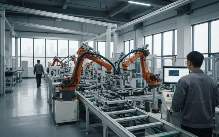 Illustration: An industrial automation assembly line with robotic arms operating in a modern smart manufacturing plant, wide-angle realistic editorial