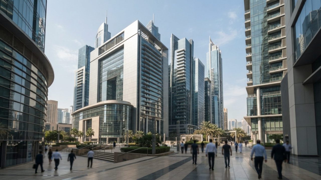 Illustration: Editorial photograph showing modern banking towers and financial institutions in the DIFC business district in Dubai under clear dayligh