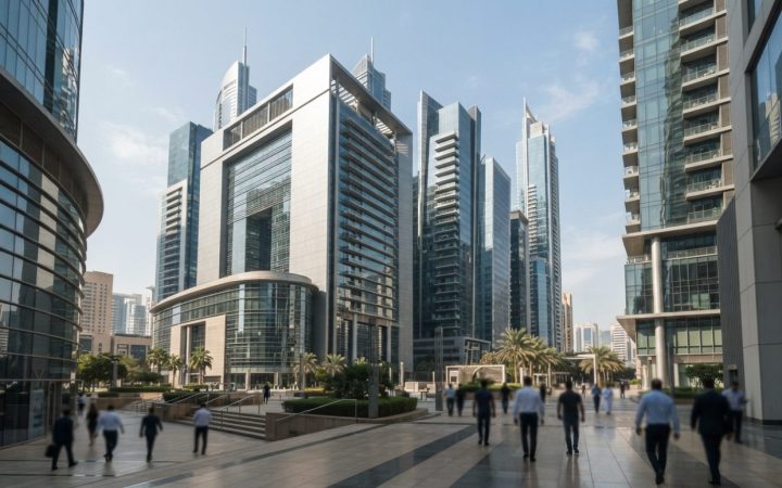 Illustration: Editorial photograph showing modern banking towers and financial institutions in the DIFC business district in Dubai under clear dayligh
