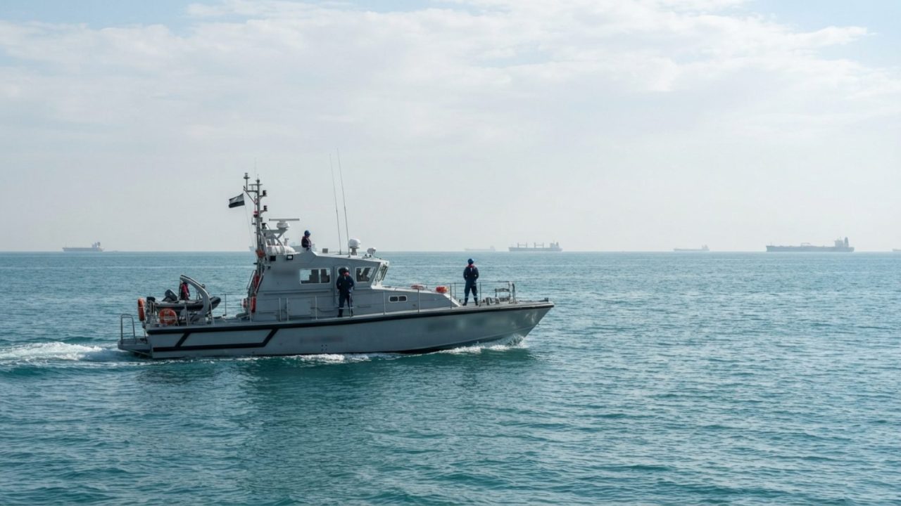 Illustration: An editorial maritime photography shot of an offshore patrol rescue boat navigating calm open waters in the Persian Gulf under bright da