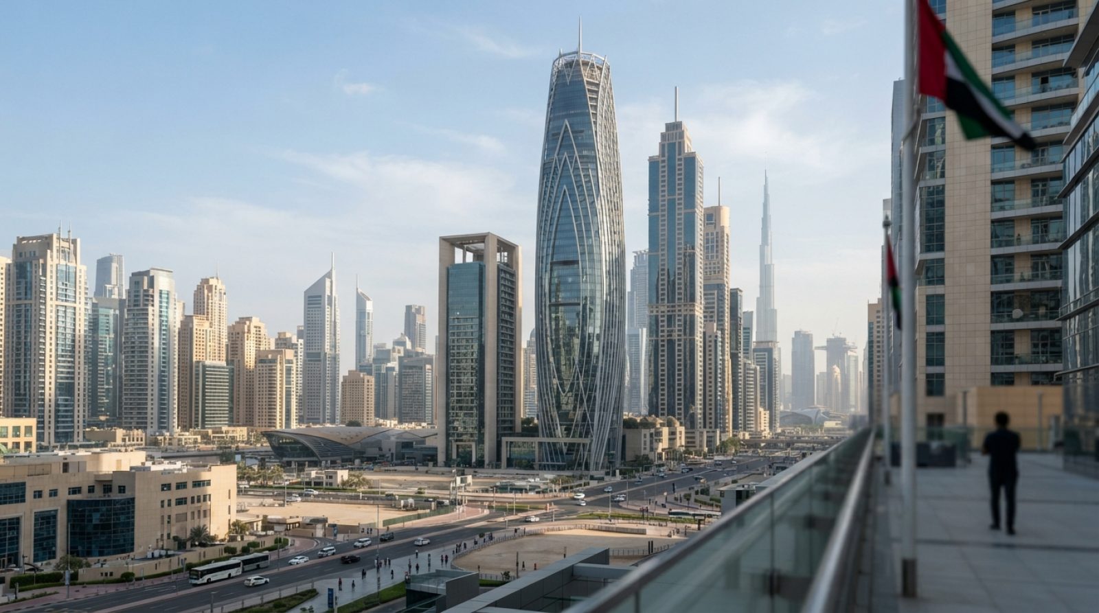 Illustration: A modern cityscape view of the financial district in Dubai showcasing gleaming contemporary office towers and commercial developments un