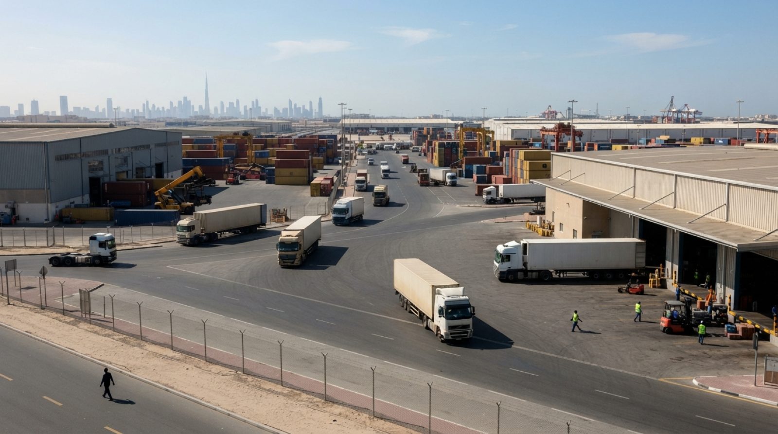 Illustration: Busy commercial cargo operations and logistics warehouses at a sunlit UAE industrial trade zone, with modern logistics trucks, shipping