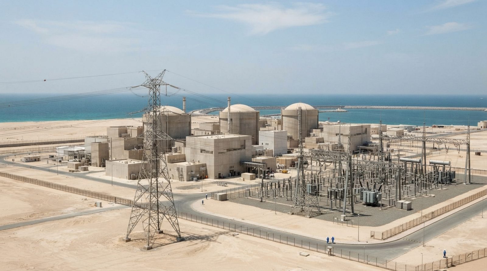 Illustration: Exterior view of modern nuclear power plant reactor containment structures and transmission lines in a sunny coastal desert setting, rea