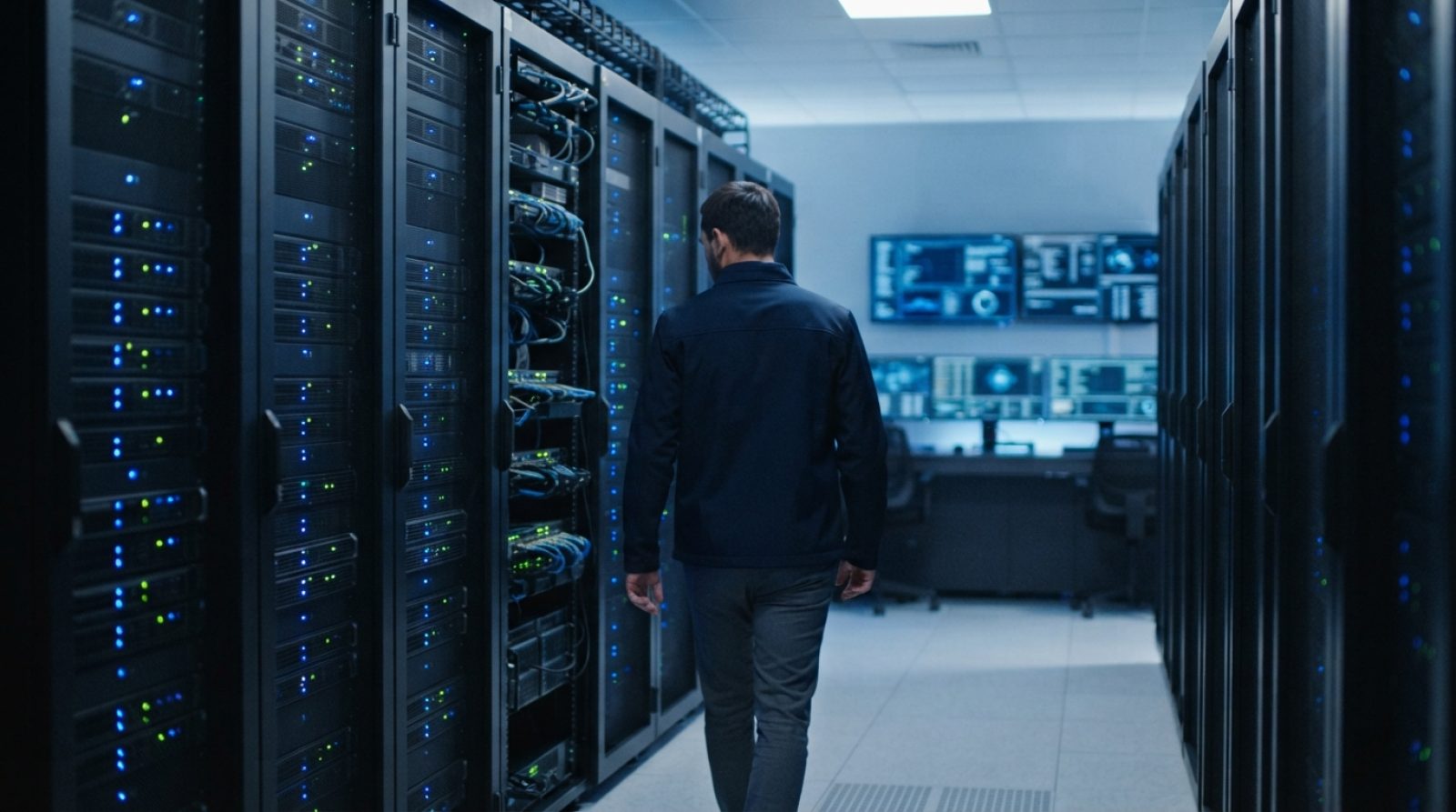 Illustration: A modern, brightly lit server room with glowing blue indicator lights on server racks, blurred high-tech control consoles in the backgro