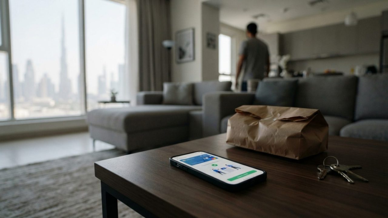 Illustration: A modern living room setting in Dubai with a smartphone resting on a coffee table displaying a digital payment interface and a food deli