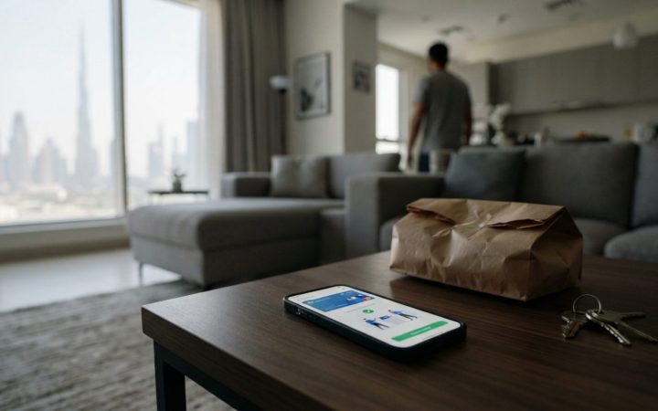 Illustration: A modern living room setting in Dubai with a smartphone resting on a coffee table displaying a digital payment interface and a food deli