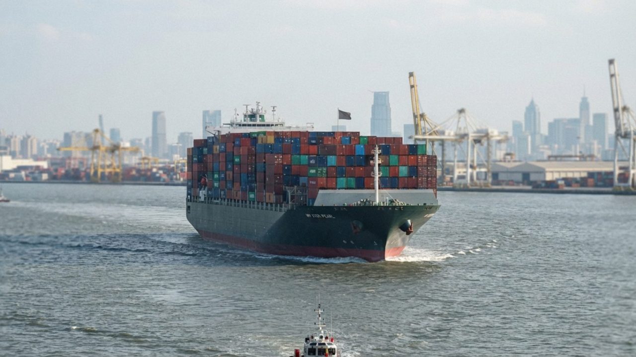 Illustration: A large commercial container ship loaded with colorful shipping containers moving through a wide maritime strait under daylight, viewed