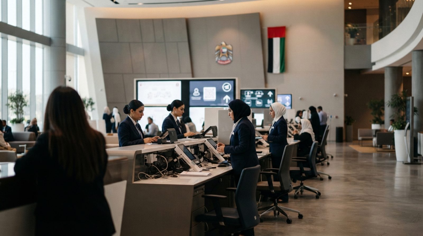 صورة توضيحية: مركز خدمات هجرة حكومي حديث في أبوظبي يضم منصات خدمة احترافية، وشاشات معلومات رقمية، وتصميماً داخلياً معمارياً